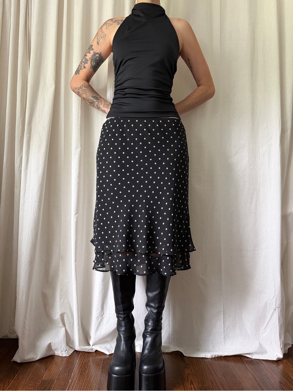 George Black & Tan Polka Dot Chiffon Midi Skirt Women's Size 10 | Y2K Coquette